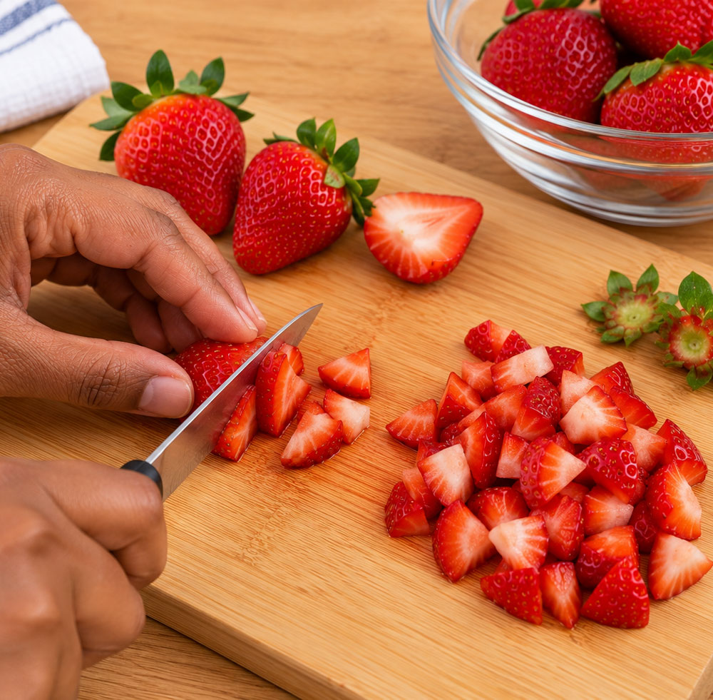 Soapy hands beside berries rinsing in a colander