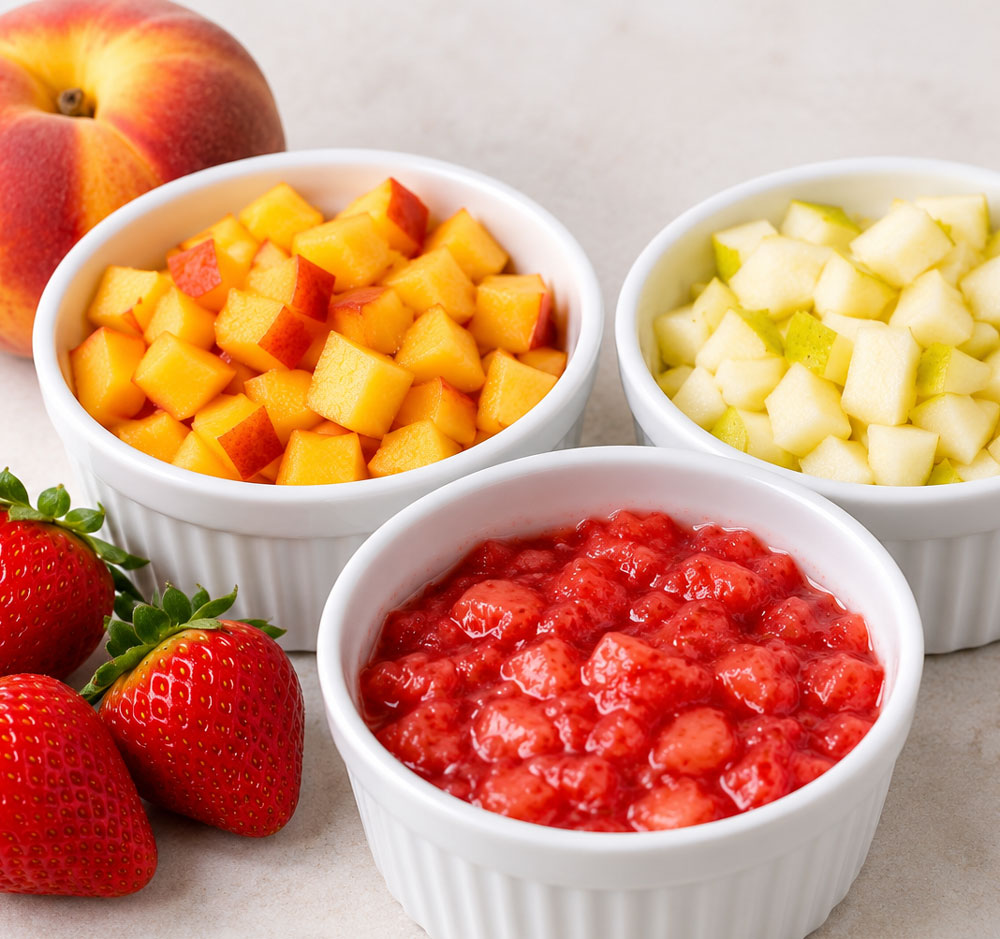 Bowls of diced peaches, pears, and mashed strawberries