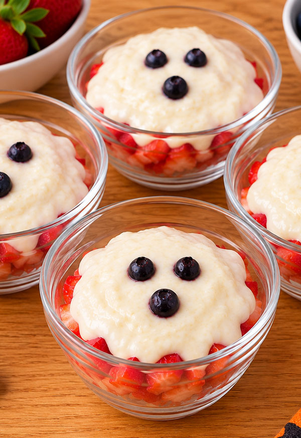 Yogurt and strawberry cups topped with blueberry ghost faces