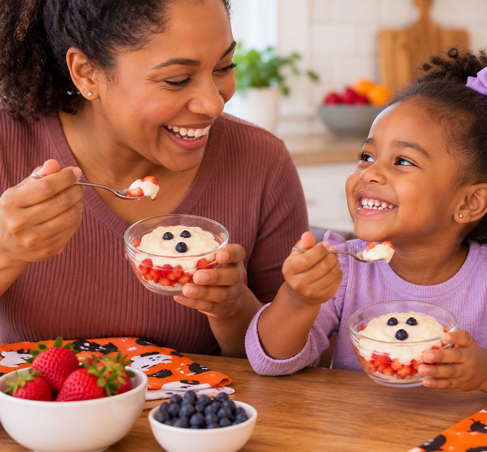 mom daughter-eating-ghost-pudding-cups
