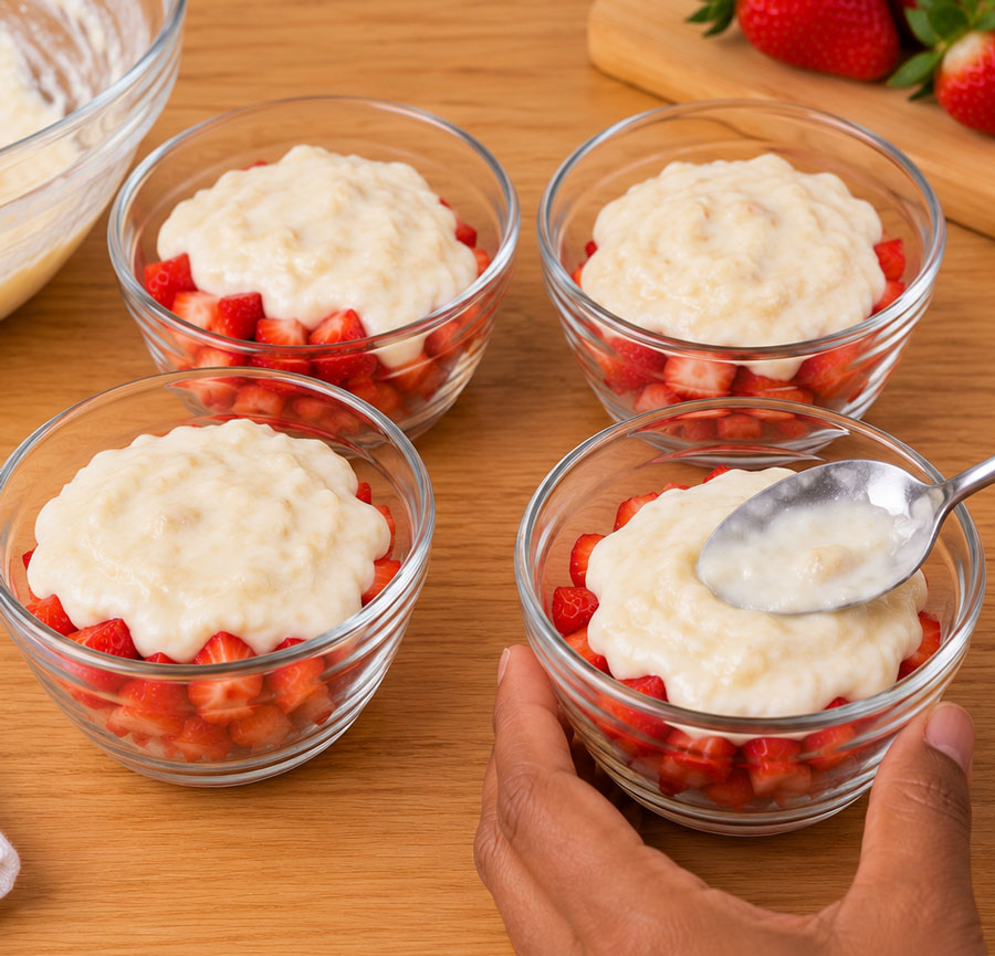 spooning pudding over strawberries