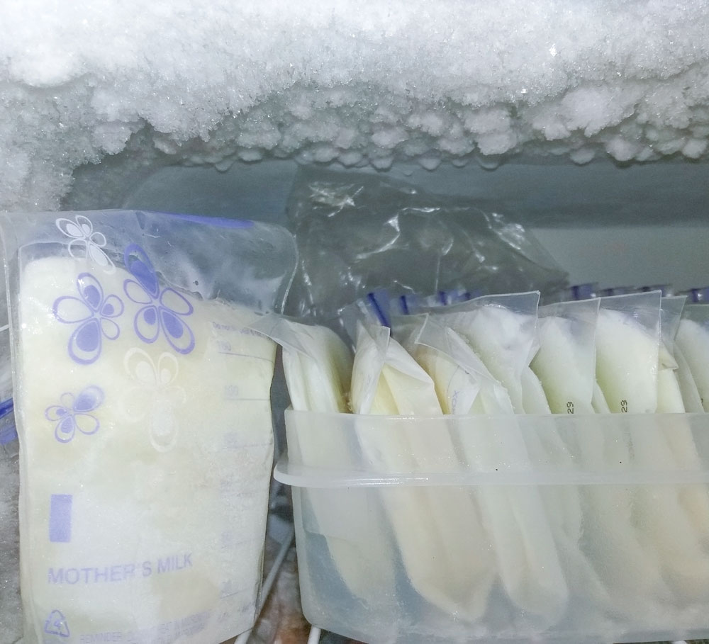 Frozen breast milk storage bags inside a freezer container
