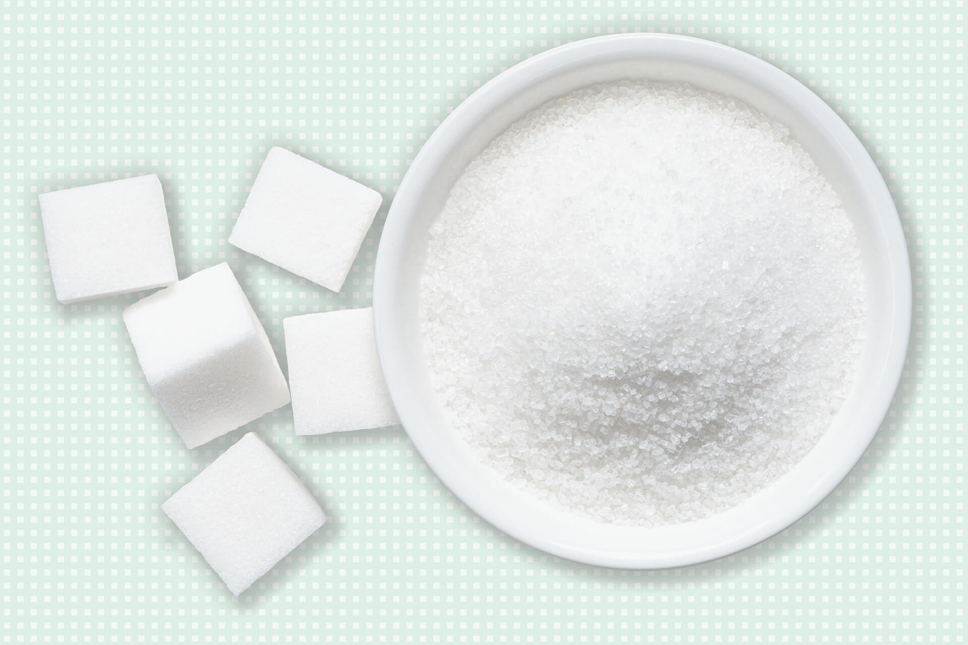 Sugar in bowl and sugar cubes blue BG