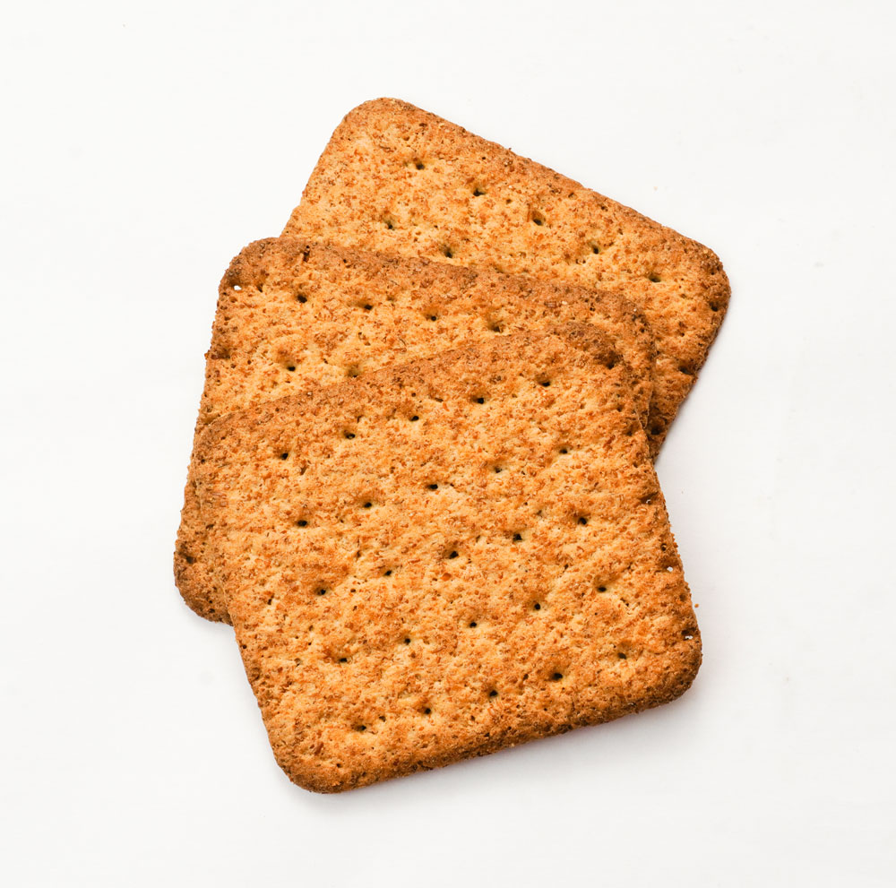 Two whole wheat crackers overlapping slightly